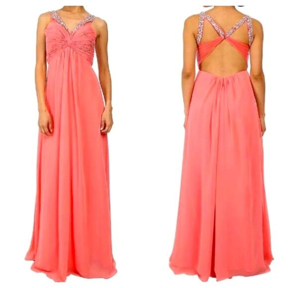 Faviana Beaded Chiffon Gown SIZE 0 Peach Formal Prom Pagent Rhinestone $395 NEW - Picture 3 of 7